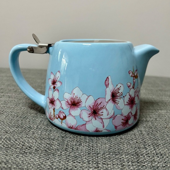 Pink Cherry Blossoms Blue Ceramic Tea Pot - Picture 1 of 7